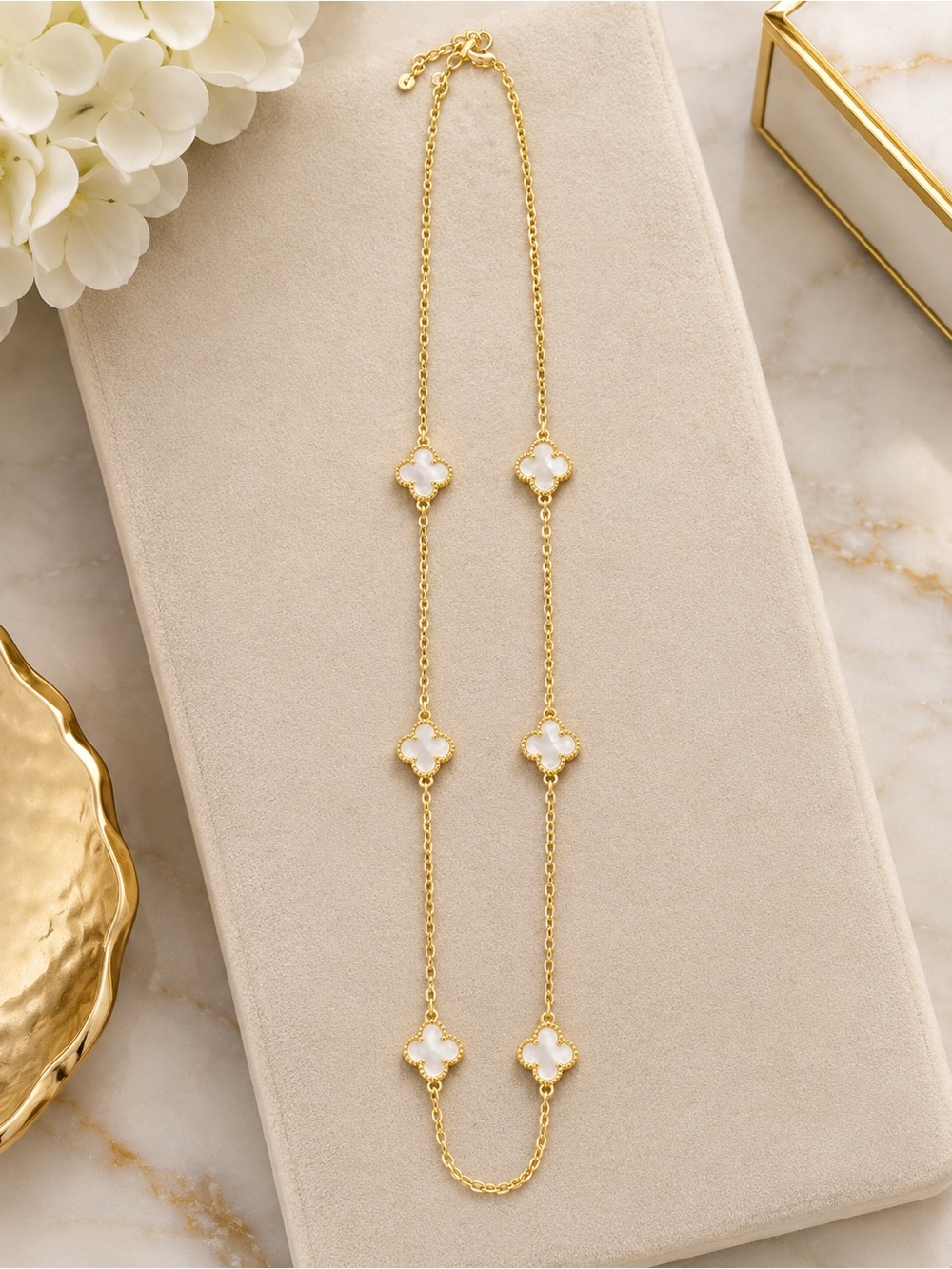14K Gold Filled White Clover Station 18” adjustable Necklace - Women Jewelry